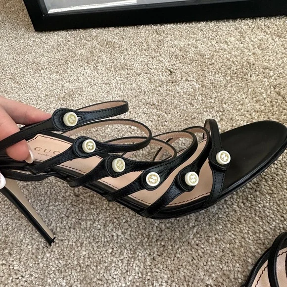 Gucci Marmont Pearl Button Black Strappy Heels - EUC - Picture 6 of 13